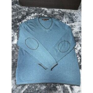 Perry Ellis Stretch Merino Blend V-neck Sweater w/ Elbow Patch in Blue Men's XL
